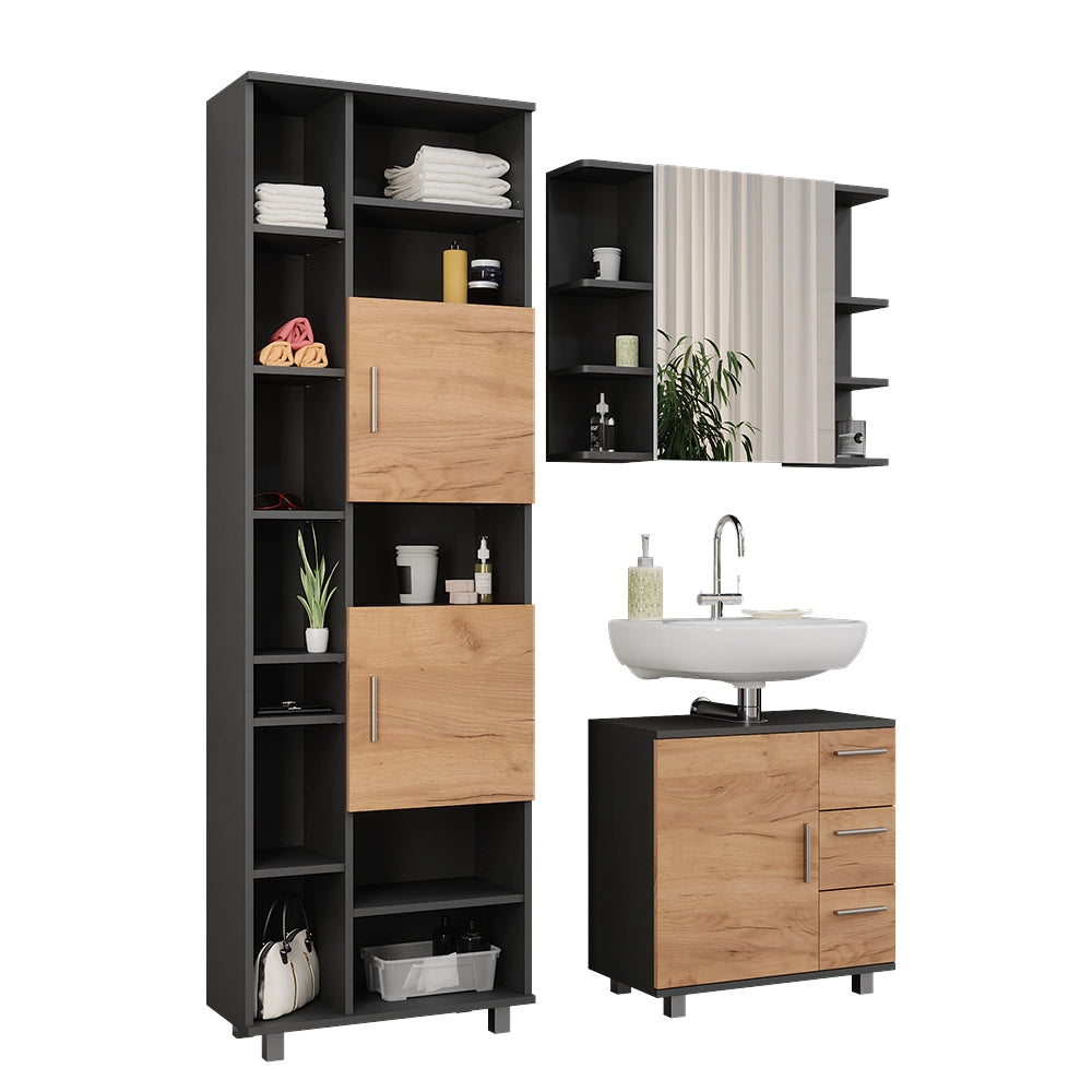 Vicco Set di mobili da bagno Antracite/quercia dorata 3 parti, con mobile da bagno 190 cm