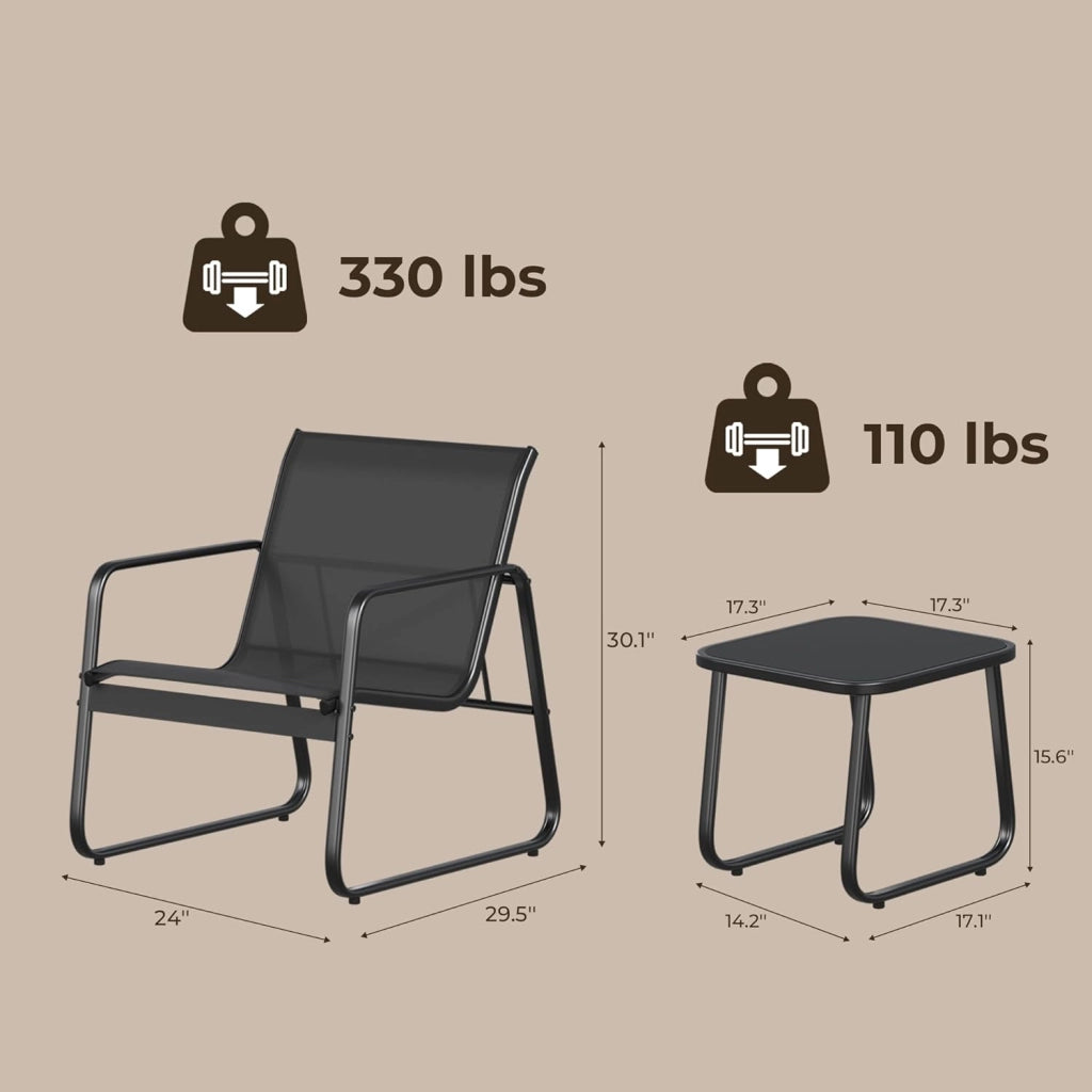 Set Mobili da Giardino 3 Pezzi - Salottino da Esterno con 2 Poltrone Ergonomiche e 1 Tavolino in Vetro Temperato - Set Bistro in Metallo e Textilene Traspirante per Balcone, Terrazzo e Patio