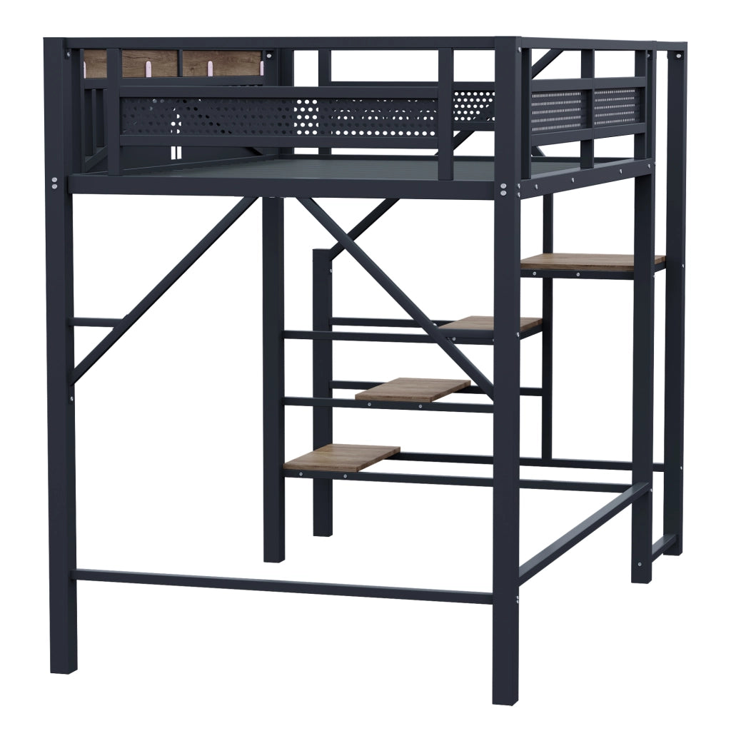 OKWISH Letto a soppalco 140×200 cm, Letto Matrimoniale con Scala di Sicurezza, Spazio Contenitore sotto la Scala e Sponda a Finestra, senza Materasso, Nero