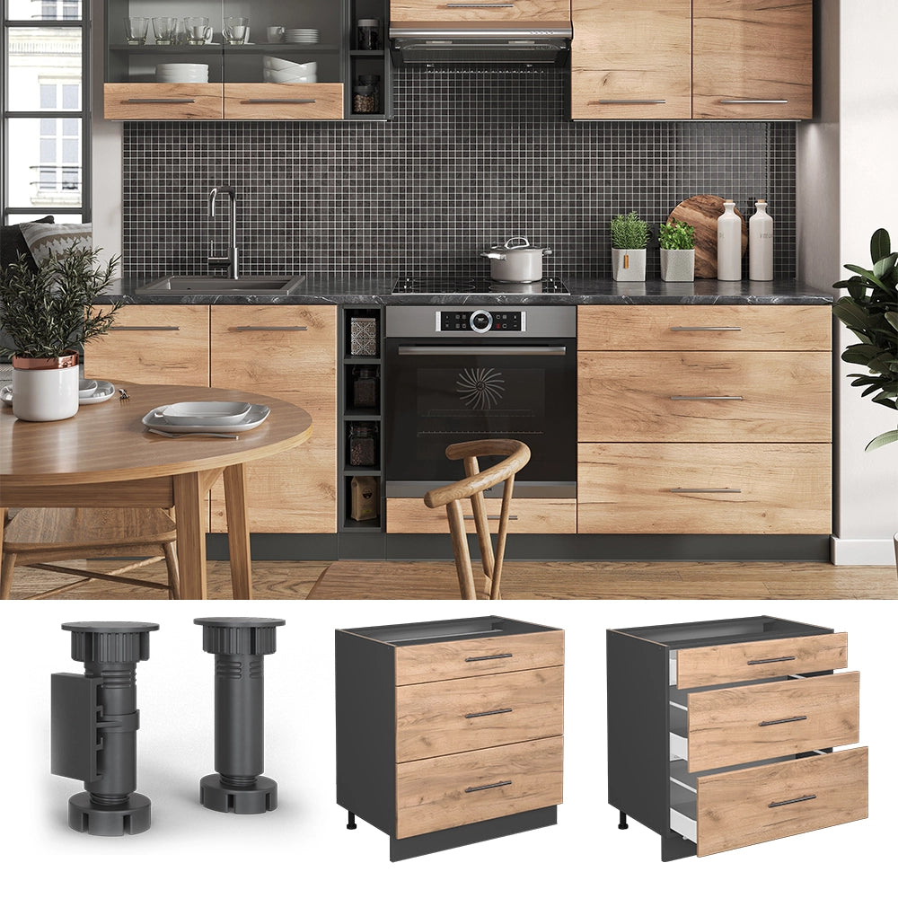 Mobiletto base per cucina Fame-Line Rovere dorato/Antracite 80 cm con 3 cassetti, PL Rovere Vicco