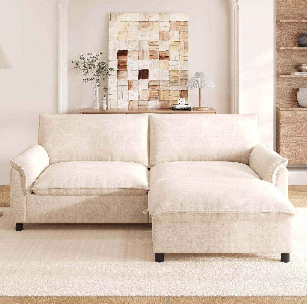 Divano modulare con pouf mobile e vano contenitore, colore beige