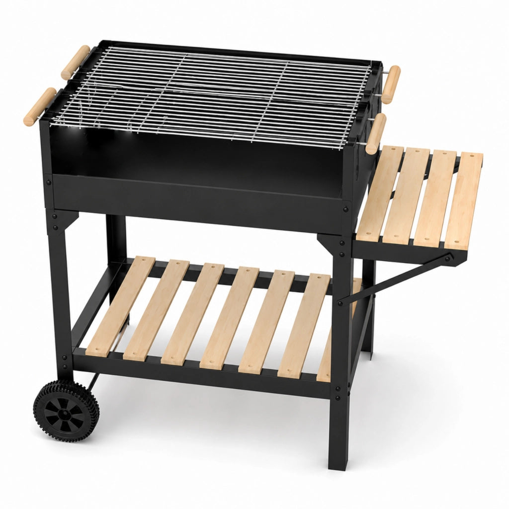 BBQ Grill A Carbonella Con Griglia Regolabile Su Diversi Livelli Piano Laterale Di Appoggio Ripiano Inferiore E Telaio In Acciaio Con Ruote Per Grigliate All Aperto 122 x 53 x 100 Cm Nero