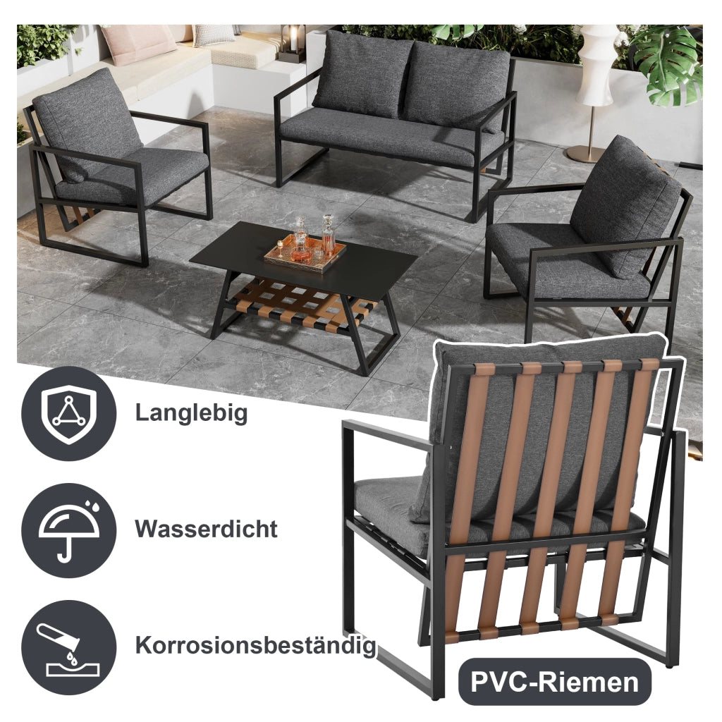 OKWISH Set da 4 mobili da giardino con divano, 2 poltrone, tavolino e cuscini, PVC e acciaio zincato Nero