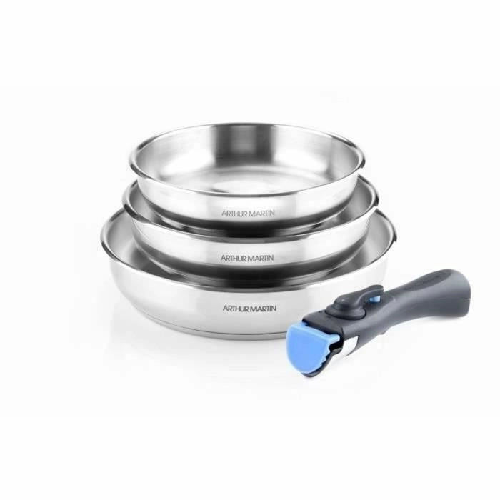 Set di 3 stufe 20-24-26 cm Arthur Martin AM1410 - Acciaio inossidabile - Manico rimovibile - Tutte le luci inclusa l'induzione
