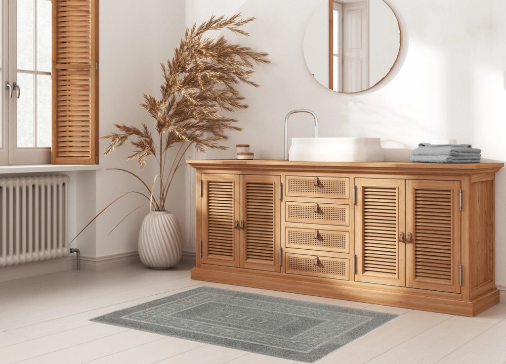 Tappeto Bagno Doccia Spugna Tinta Unita Torino Tappetino Super Assorbente In Cotone Pelo Corto Con Greca - Parure 3 Pezzi - Grigio