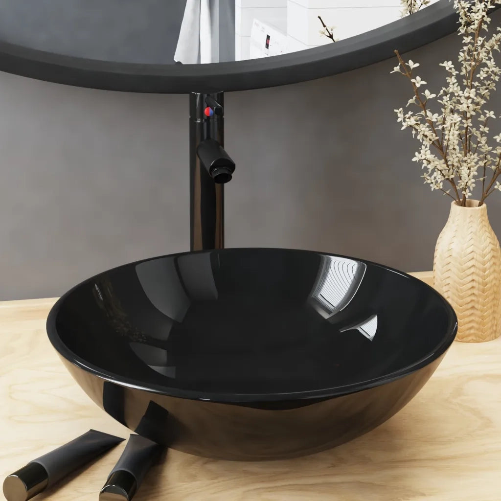 Lavandino Bagno con Rubinetto e Piletta in Vetro Temperato Nero 3098450