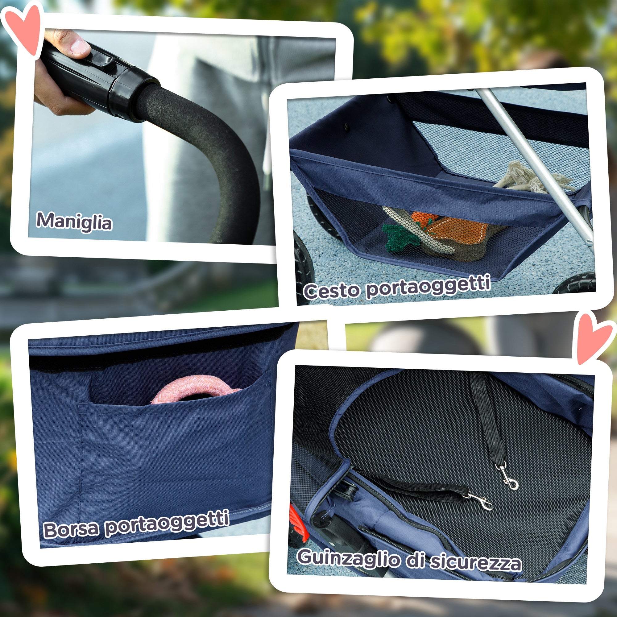 Passeggino per Cani 3 in 1 Pieghevole con Cestino Inferiore Blu
