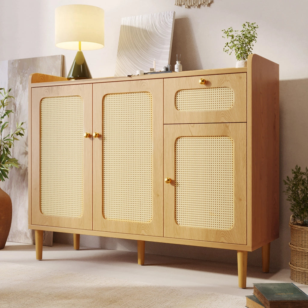 Credenza 120x40x91 cm con frontali in rattan MDF rovere