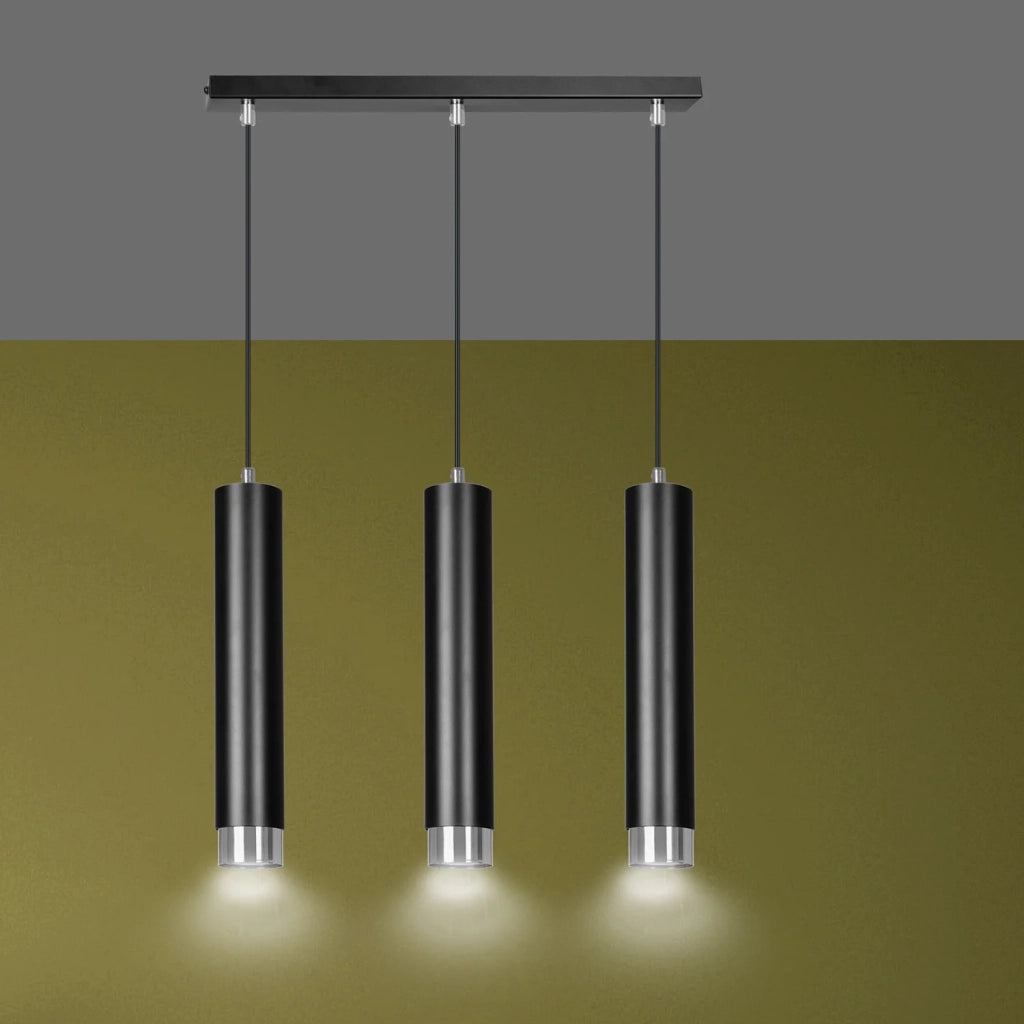 Lampadario 3 Luci Brunilde In Acciaio Nero E Tubolari In Nero E Cromo