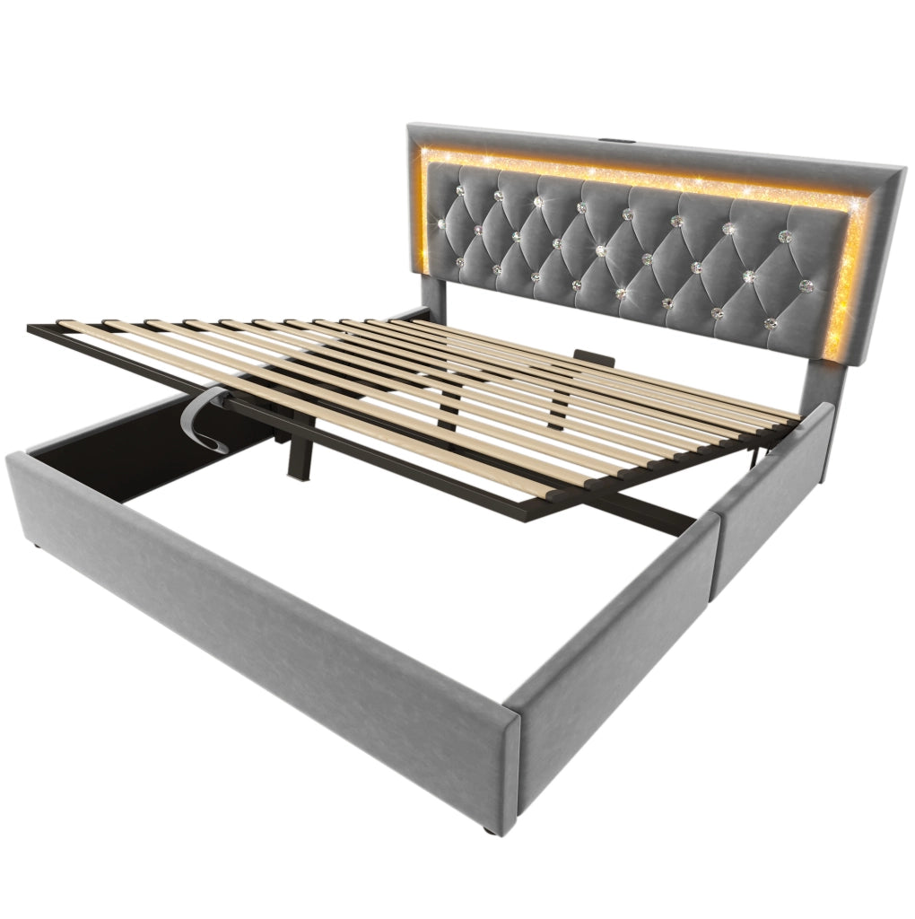Letto matrimoniale 140x200 cm in velluto con LED, USB e spazio contenitivo