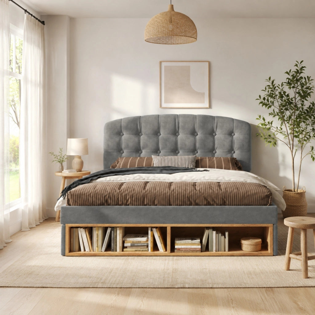 Letto singolo 90x200 in velluto grigio con testiera regolabile, cassetti e rete a doghe
