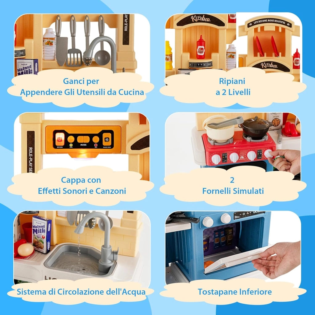 Cucina Giocattolo per Bambini, Cucina per Bambini con Forno, Microonde, Lavello e Rubinetto, Funzione Luci e Suoni, Vapore e Ebollizione, 69 Accessori, per Bambini 3+ Anni (Blu)