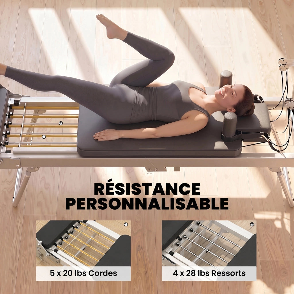 Reformer Pilates ¨C zephmum ¨C Sistema ibrido 4 molle 5 corde silenzioso 195x56x88 cm bianco