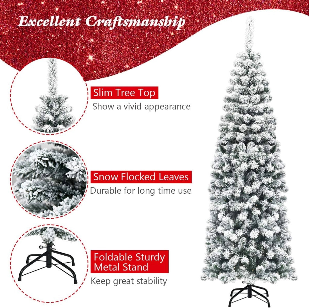 Albero di Natale Innevato 135/180/225 cm, Albero di Natale Stretto e Alto, Albero di Natale Bianco, Albero di Natale per Feste, Case, Uffici, Negozi, Bar, Scuole, Facile Montaggio (180 cm)