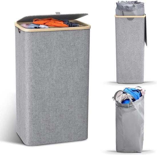 Cestino con coperchio, 100 L, grande e stretto con sacchetto lavabile, cesti lavatrici, lavatrice, cestino, lavandino per bucato sporco, grigio.