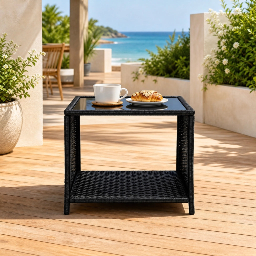 TAVOLO DA GIARDINO IN POLYRATTAN CON VANO PORTAOGGETTI 45 x 45 x 40 cm NERO