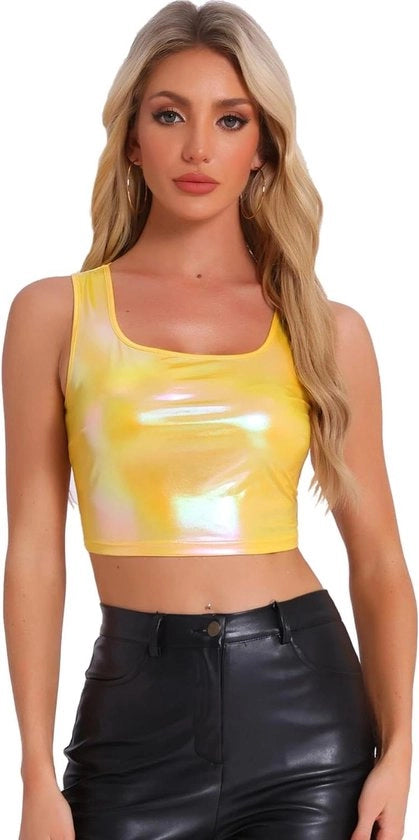 Top da donna con design senza maniche in metallizzato giallo brillante, taglia L, per party
