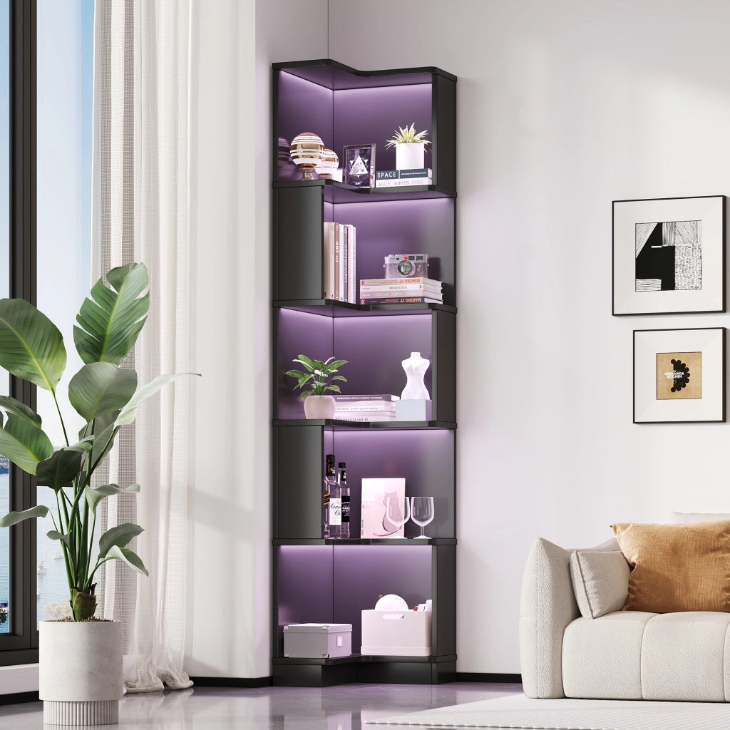 Libreria angolare con LED controllabile via app, 5 ripiani, per studio e ufficio, in MDF, nero, 63,5 × 45 × 175 cm