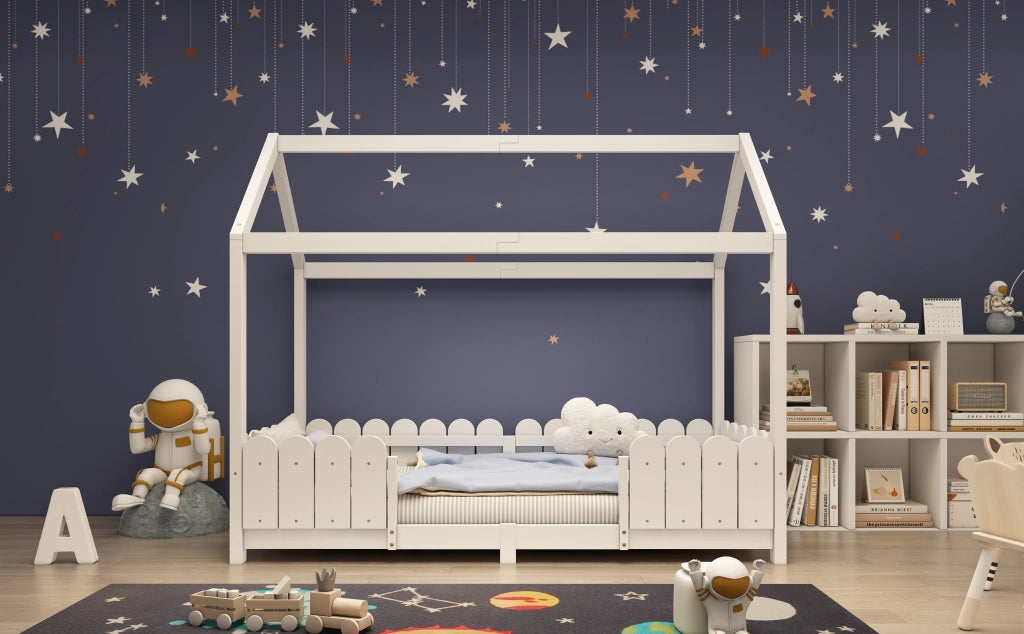 DESMIU Letto a casetta per bambini 90 × 200 cm 1 posto con barriera di sicurezza, senza materasso, in legno massello, bianco