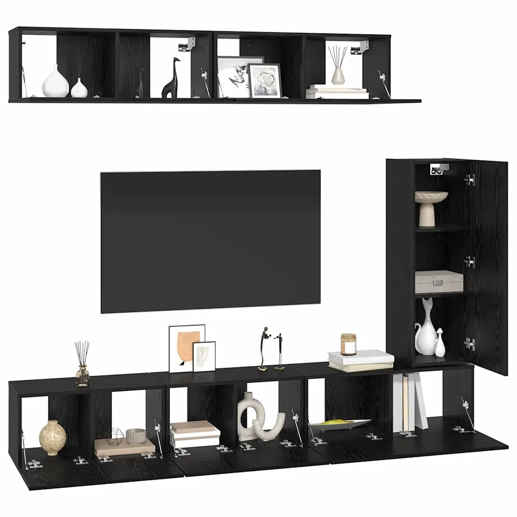 Set mobile TV 6 pz-Credenza per TV Rovere Nero Legno multistrato 225711