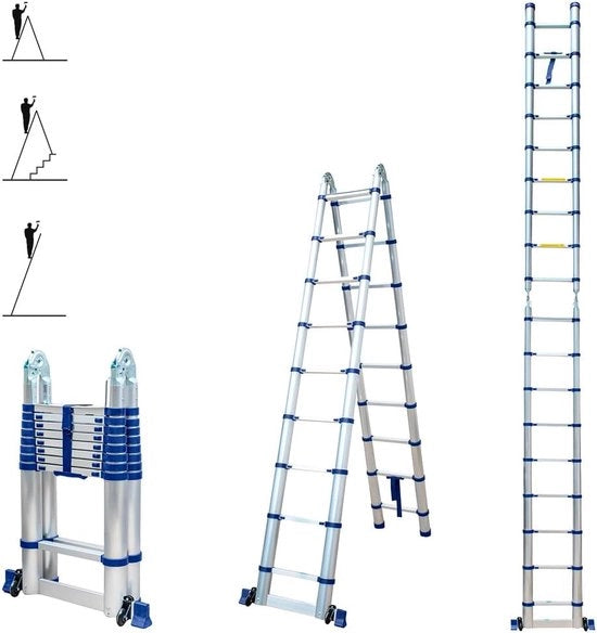 Ladder telescopica 5,6m 2 x 9 gradini pieghevole professionale multifunzionale altezza massima 6,5m