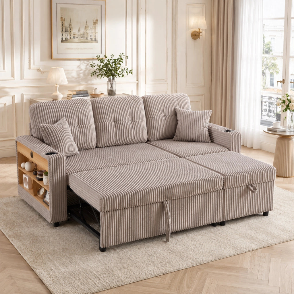 DIVANO LETTO 196 cm in tessuto corduroy grigio chiaro con USB-C e LED