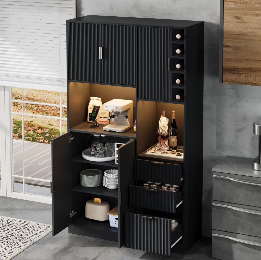 Mobile da cucina 105x40x180 cm con 3 cassetti; LED multicolore e prese USB-C; nero