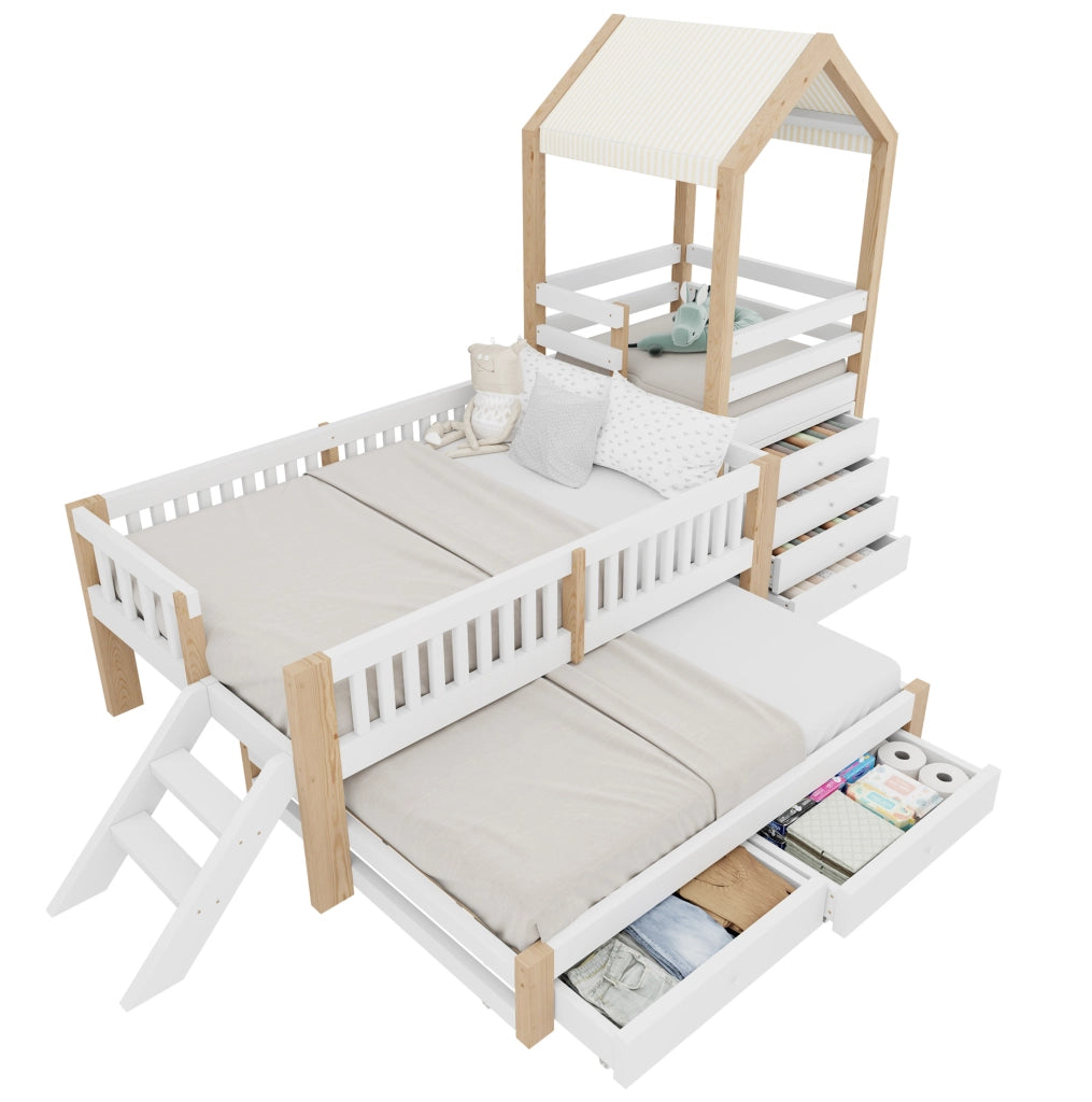 Letto a soppalco per bambini 90x200 con letto estraibile, cassetti e scala