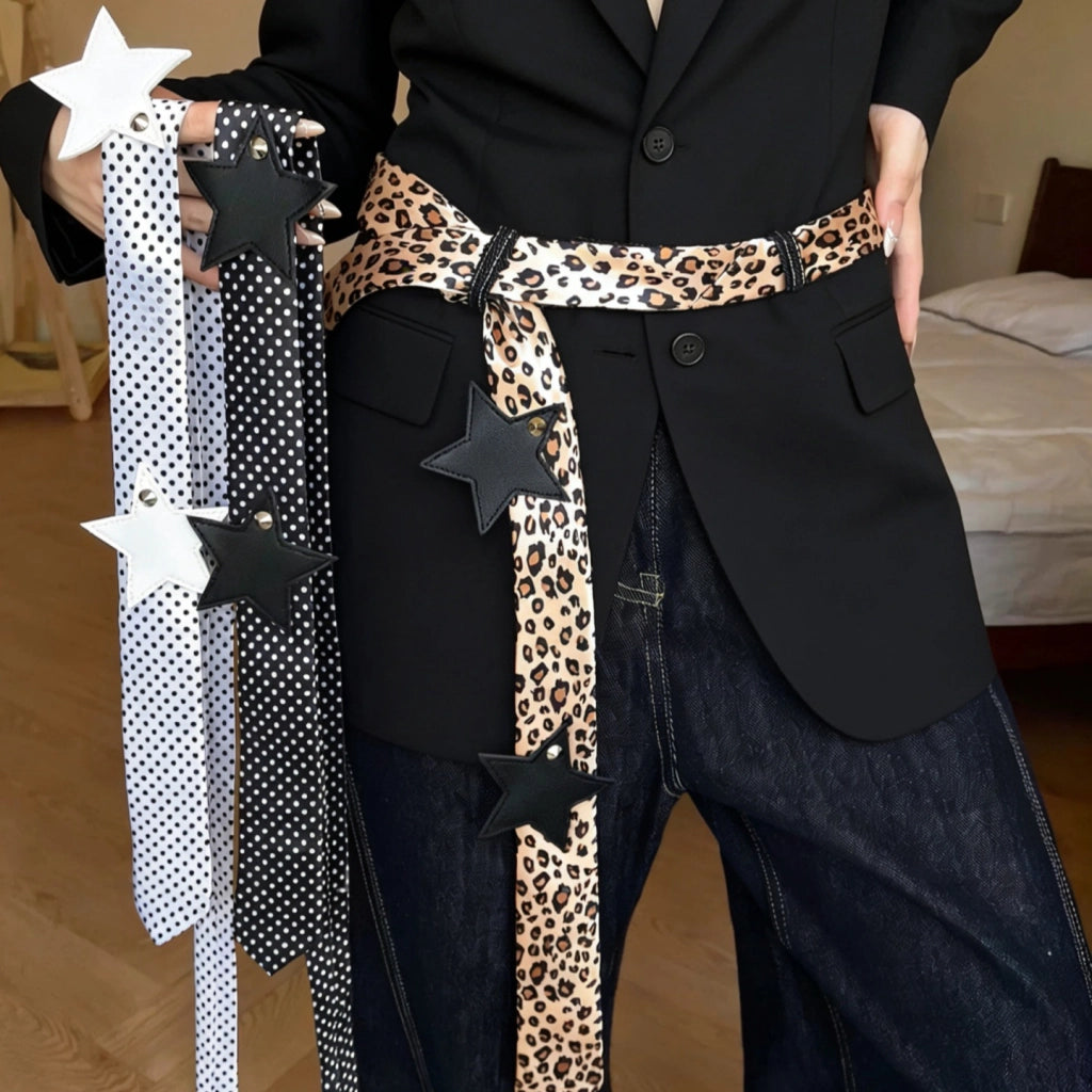 Sciarpa da collo retr¨° Y2K millennial sexy con stampa leopardata, cravatta, cintura lunga di alta gamma in jeans, catena