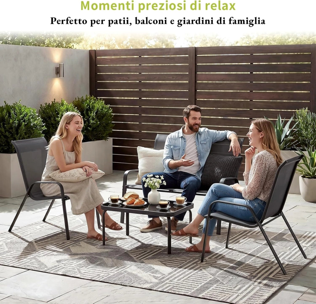 Set Salotto da Giardino 4 Pezzi, Set Mobili da Esterno con Divano 2 Posti, 2 Poltrone, 1 Tavolino in vetro, Textilene Traspirante, Set da Conversazioni per Piccolo Balcone, Terrazzo (Grigio)