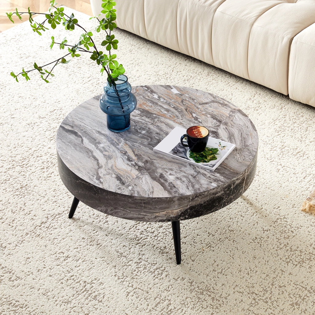 TAVOLINO DA CAFFÈ rotondo 70 cm effetto marmo grigio MDF e metallo nero
