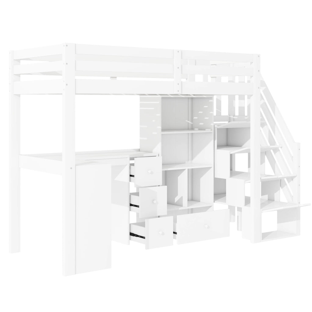 Letto a soppalco ULEVR 90x200 cm con scrivania, cassetti, ripiani e scaletta contenitore, bianco