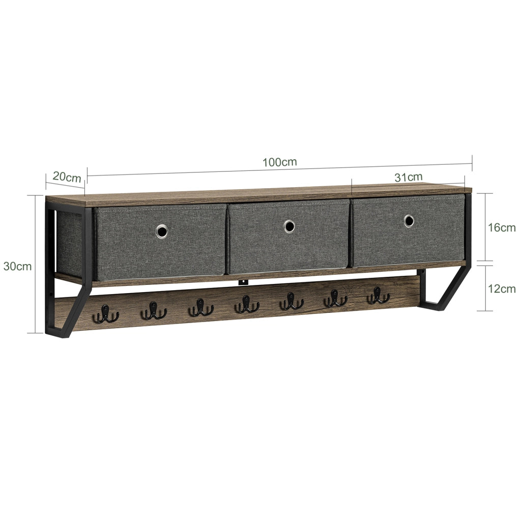 SoBuy Appendiabiti a parete con 3 cesti e 7 ganci Mensola pensile Armadio vintage 100x20x30cm FHK26-N