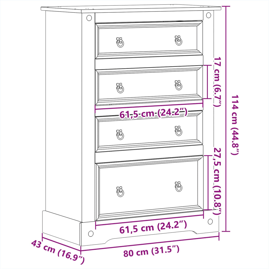 Cassettiera Corona 80x43x114 cm in Legno Massello di Pino