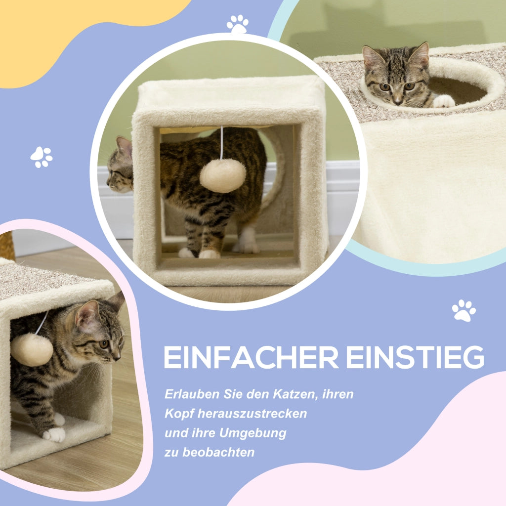 Tunnel per Gatti con 2 Tane, Superfici per Graffiare e Giocattolo a Palla ¨C zephmum ¨C 98x30x30, Marrone Beige