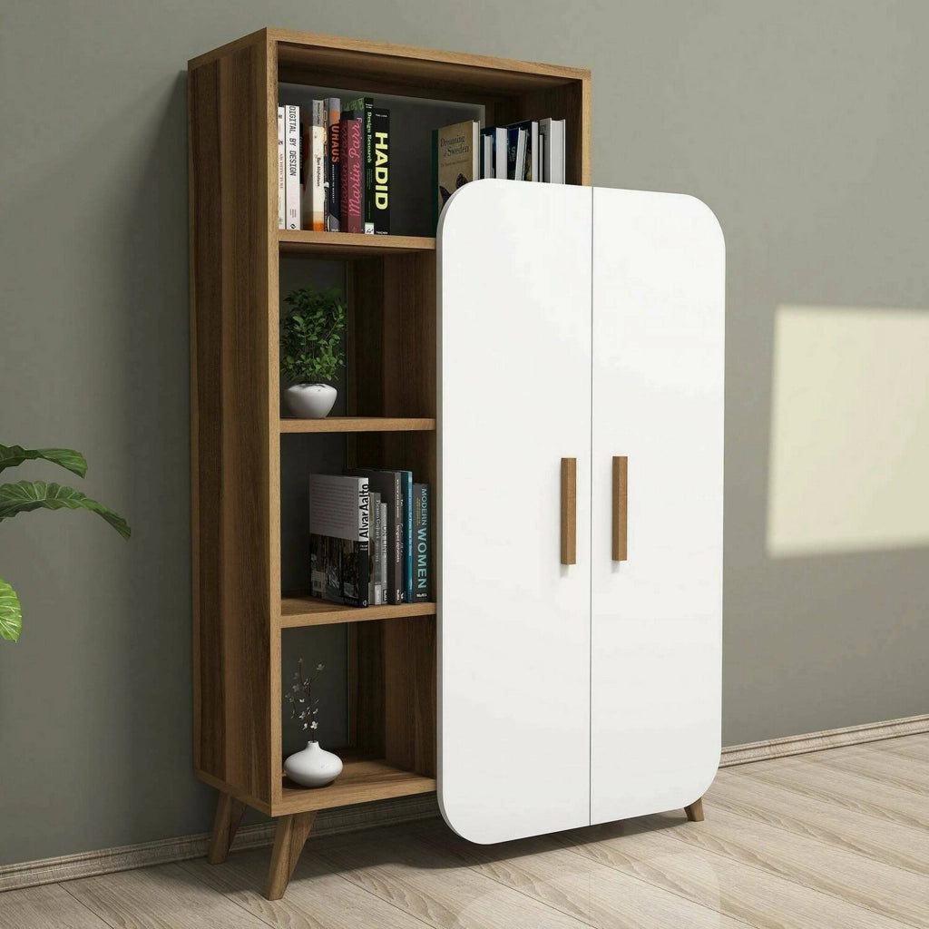 Credenza Tormalina, Buffet da soggiorno, Madia da salotto, Dispensa da cucina, 90x32h132 cm, Noce e Bianco