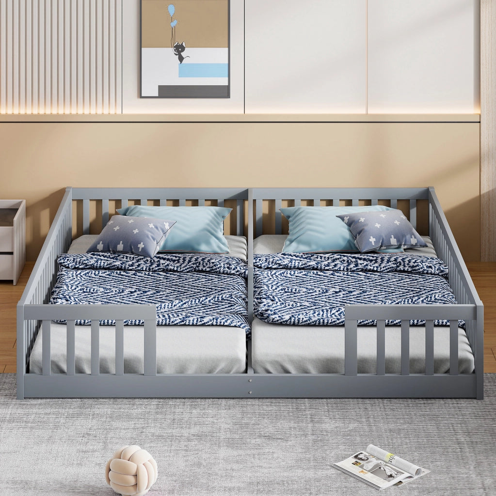 Letto per bambini doppio a pavimento 90×200 cm grigio con rete e sponde