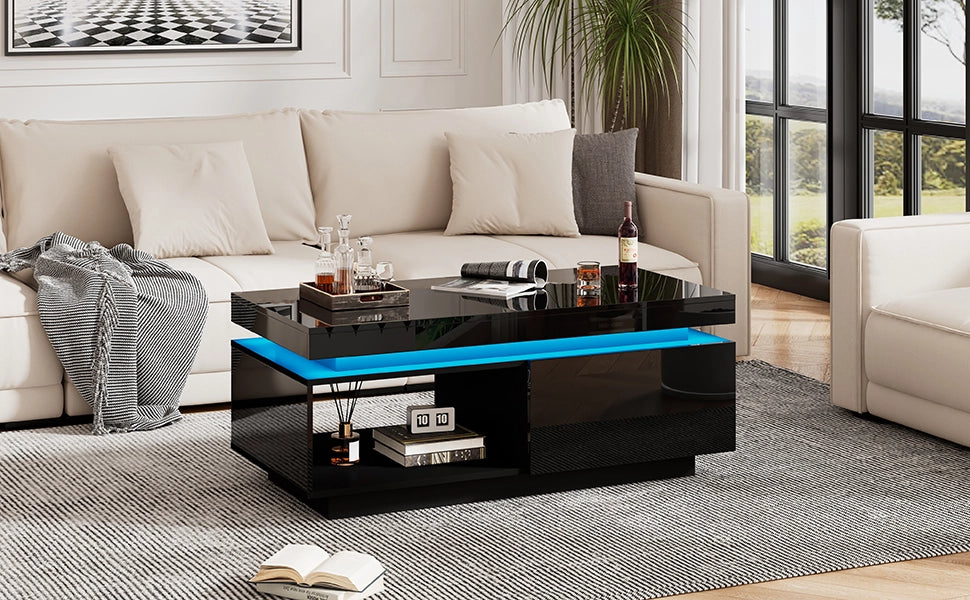 TAVOLINO DA CAFFÈ 100x50x40,3 cm Nero Lucido con LED e cassetto