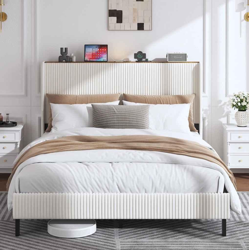 Letto imbottito 160x200 cm con struttura in metallo e montaggio facile in velluto a coste beige e crema