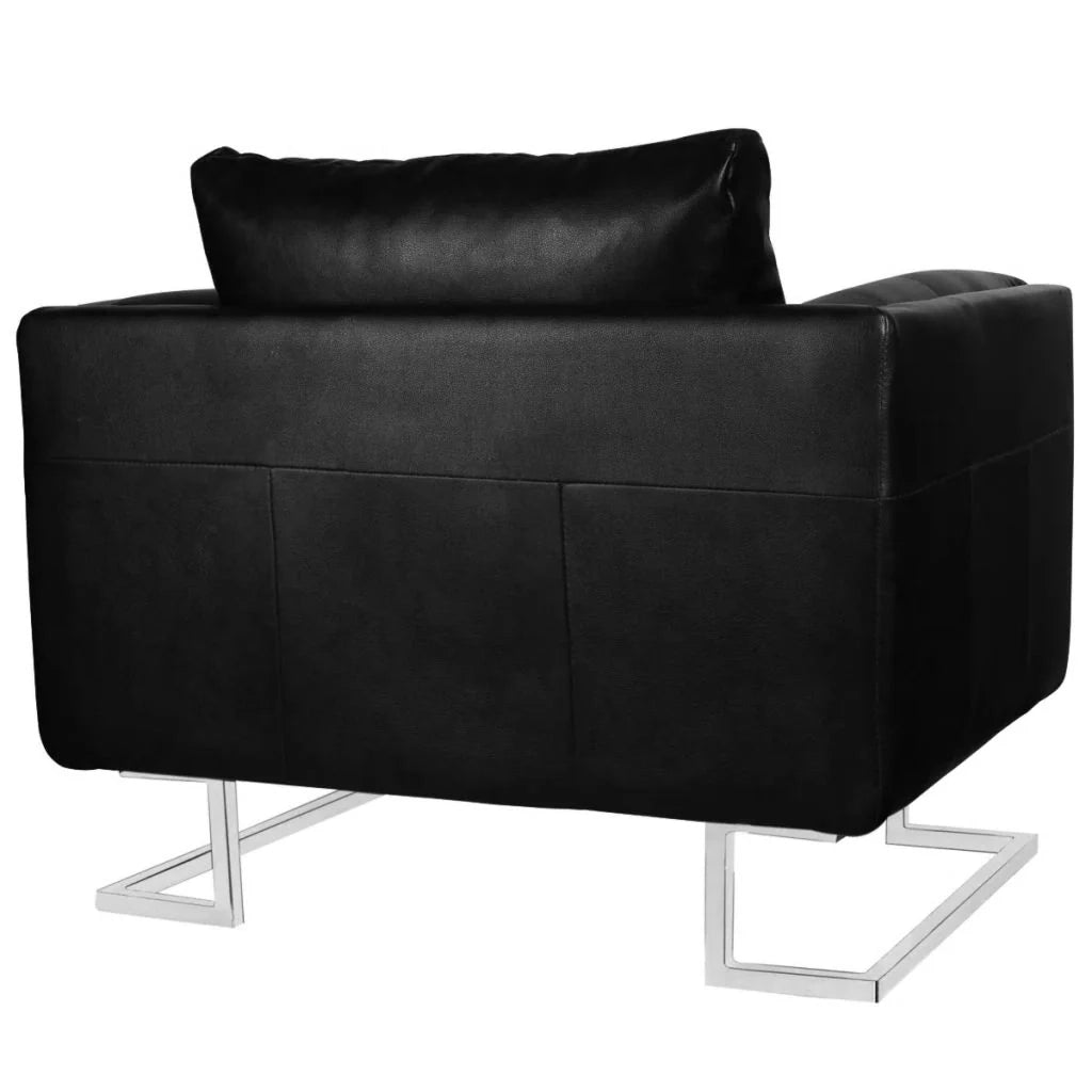 Poltrona sedia design lounge sedile club divano cubo da soggiorno con gambe cromate in pelle sintetica nera 1102044/3