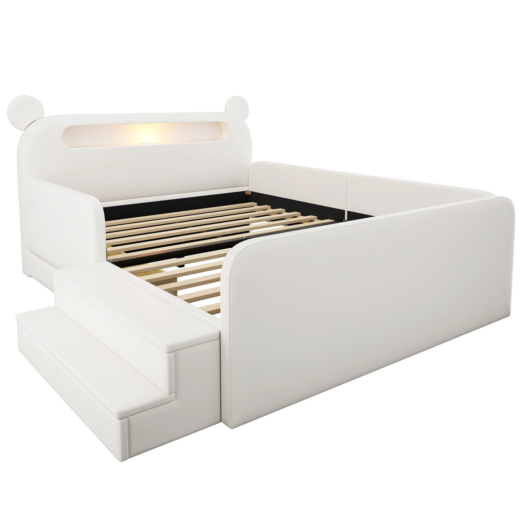 Letto imbottito per bambini 140 x 200 cm con testiera a forma di orso; luce e contenitore; bianco