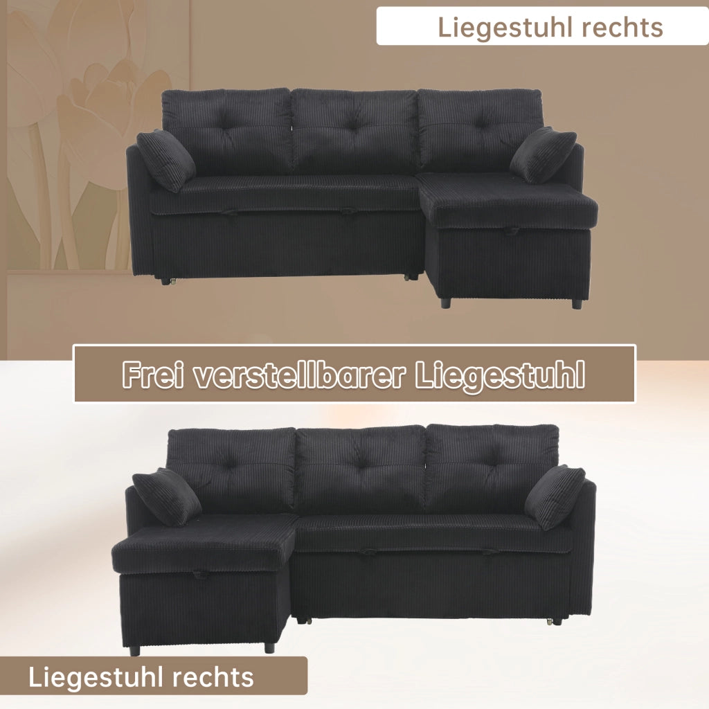Divano letto modulare con contenitore sedute con tasche laterali e cuscini in tessuto a coste nero 206 × 108 × 66 cm