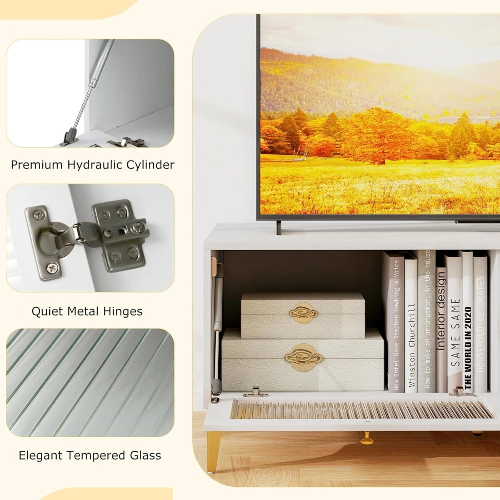 Mobile TV, mobile TV, mobile TV, supporto per TV fino a 55 pollici, cassettiera con 2 cassetti e porta apribile in vetro temperato, mensola TV 120 x 62 x 46 cm
