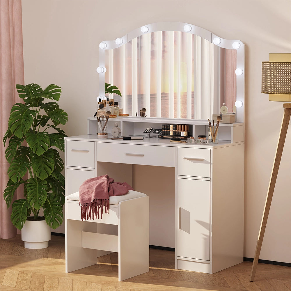Vicco Tavolo da toilette Bianco 110 cm con specchio LED e sgabello