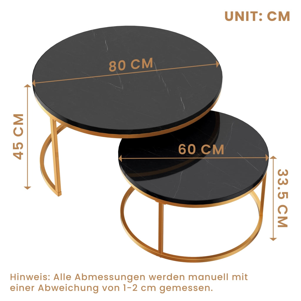 Set di 2 tavolini da salotto impilabili 80x80 cm e 60x60 cm nero e oro effetto marmo