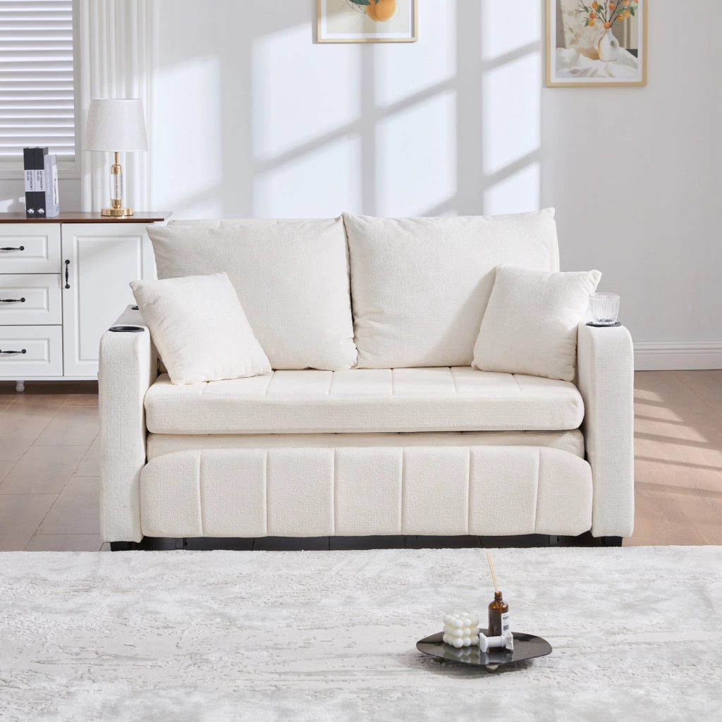 Divano letto pieghevole con tasche laterali e 4 cuscini in chenille beige