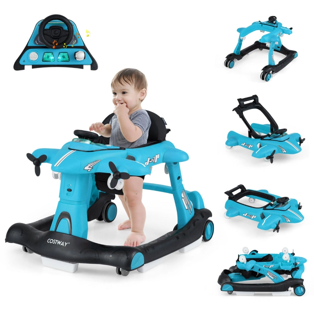 Camminatore pieghevole a tema aeroplano con altezza regolabile a 3 livelli, Camminatore per bambini 6 in 1 con ruote Blu