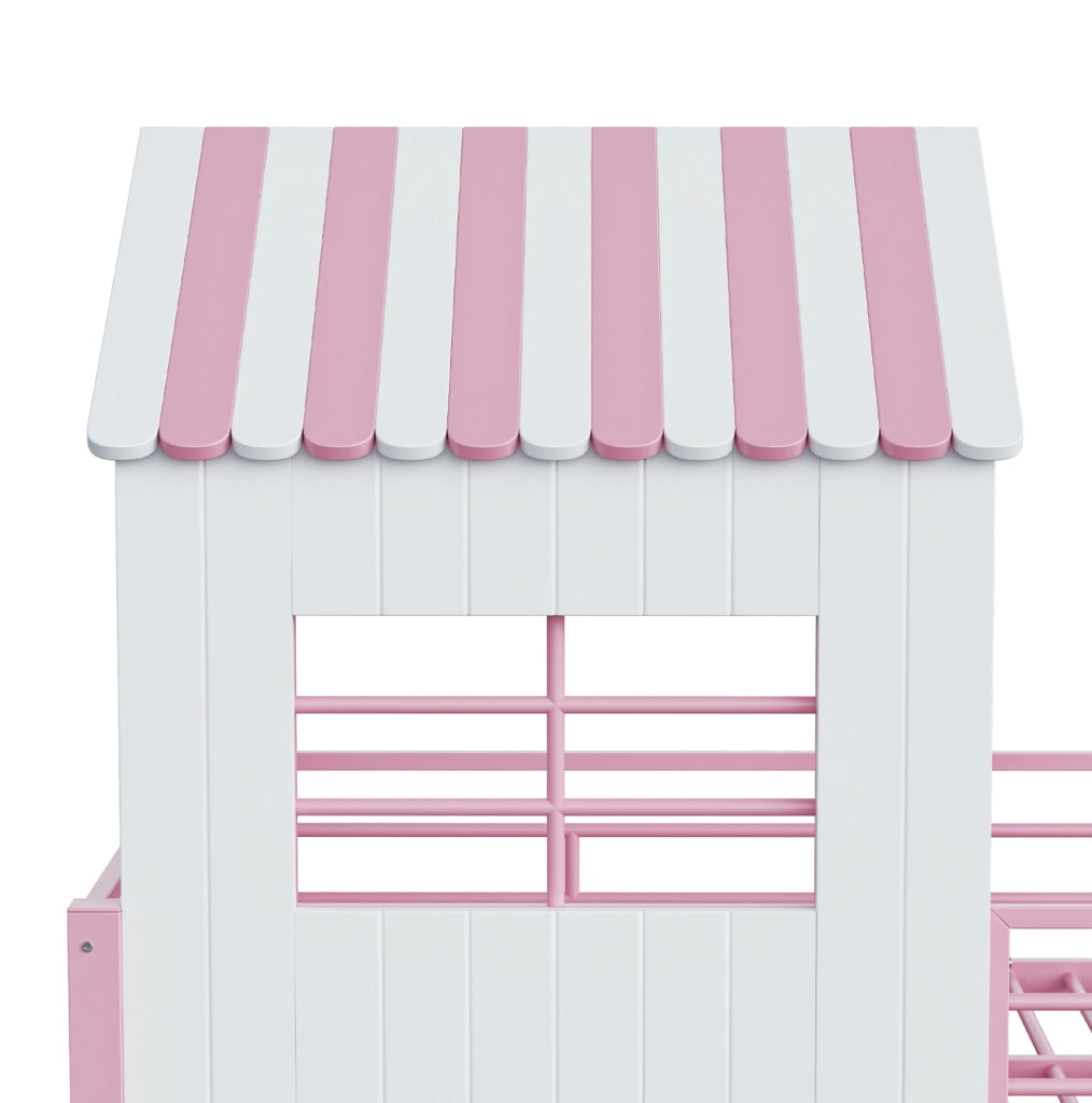 Letto a soppalco multifunzione 90x200 cm con scala contenitore e ripiani; rosa