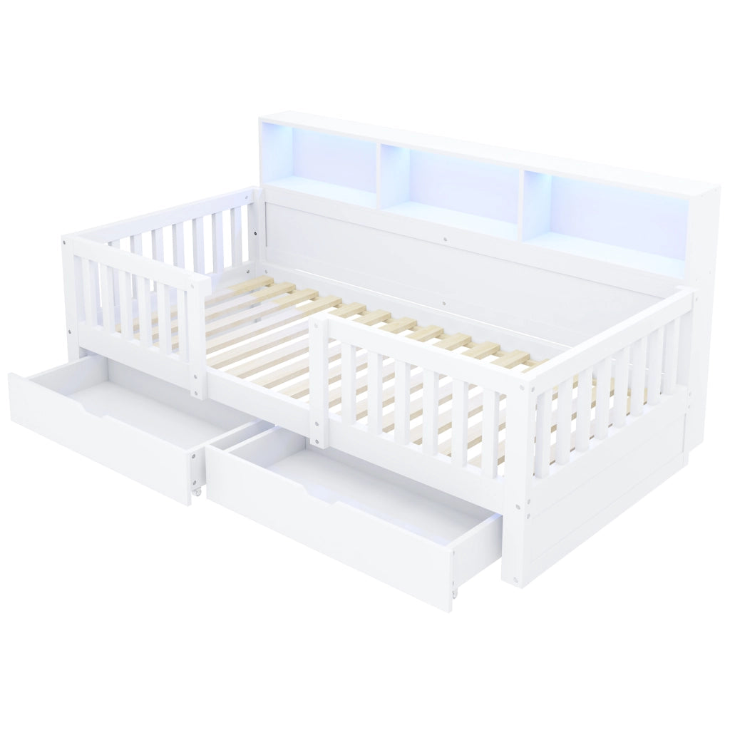 Letto per bambini 90x200 cm con sponda di sicurezza, 2 cassetti, ripiani integrati e LED, bianco