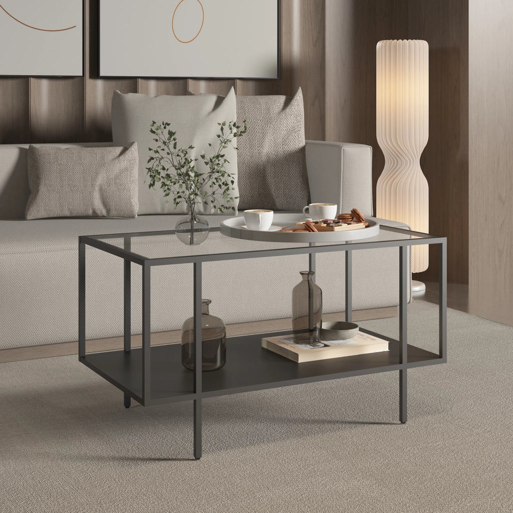 Tavolino Centrale da Salotto Nynna con Piano in Vetro 90 x 50 x 50cm Nero [en.casa]